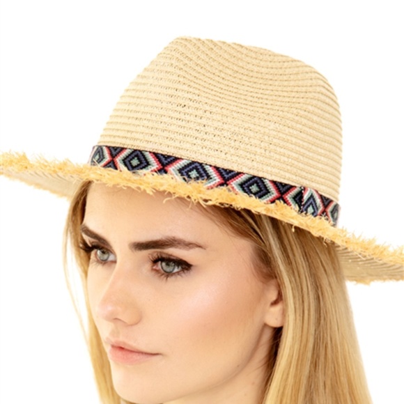 #67 FRAYED TRIM AZTEC STRAW HAT - Picture 2 of 10